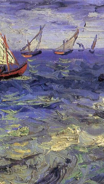 Vincent Van Gogh painting of boats on a vibrant sea with dynamic brushstrokes
