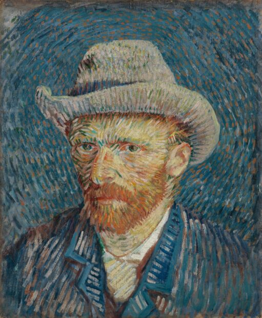 A detailed painting of Vincent Van Gogh wearing a hat with expressive brushstrokes
