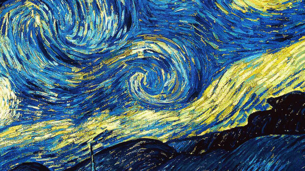Swirling blue and yellow painting by Vincent Van Gogh showing dynamic night sky stars