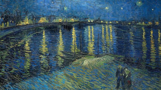 Vincent Van Gogh painting of a night scene with a couple on the shore and city lights reflecting on the water