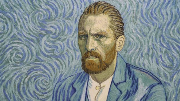 A detailed Vincent Van Gogh self portrait with swirling blue background and intense expression