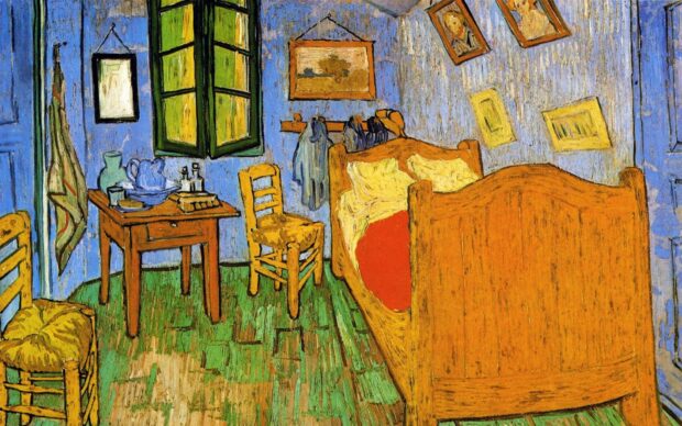 Vincent Van Gogh interior scene showing a colorful bedroom with wooden furniture and green window panes