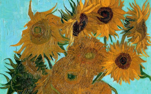 Vincent Van Gogh painting of sunflowers with thick brushstrokes and vibrant colors