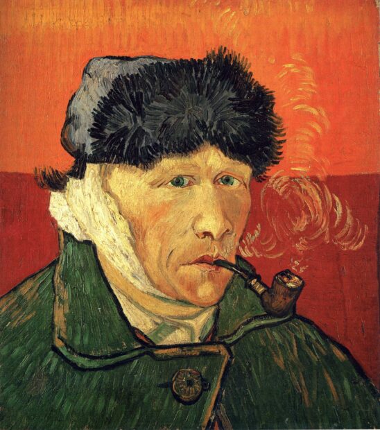 Vincent Van Gogh self portrait with bandaged ear and pipe in a green coat