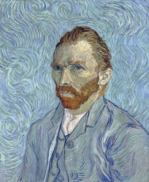 Vincent Van Gogh self portrait with swirling blue background in post impressionist style