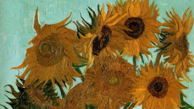 Vincent Van Gogh vibrant sunflowers painting showing detailed brushstrokes and rich textures