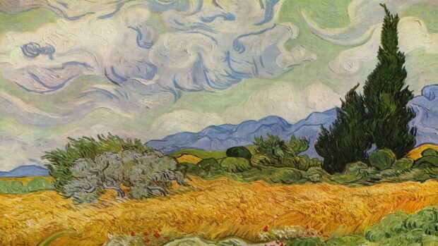 A vibrant Vincent Van Gogh landscape with swirling clouds and golden wheat fields