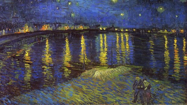 A Vincent Van Gogh painting of a night scene with stars reflecting on water and a couple walking