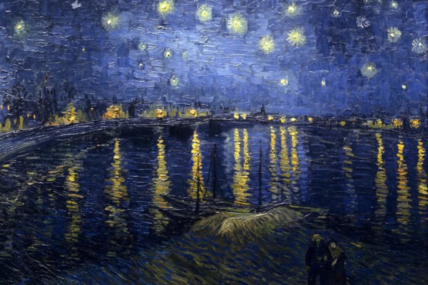 Starry night over the Rhone by Vincent Van Gogh showing night sky and river reflections