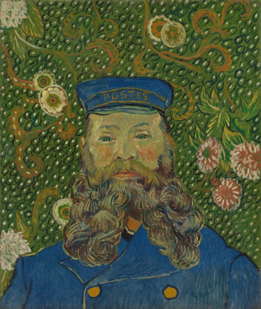 A bearded man in a blue uniform on a green floral patterned background by Vincent Van Gogh