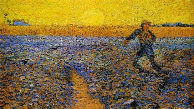 The sower by Vincent Van Gogh walking through a field under a bright yellow sun