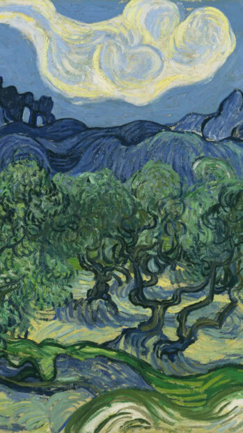 A vibrant Vincent Van Gogh painting of swirling trees and hills under a dynamic sky