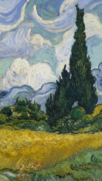 Tall green cypress tree in a Vincent Van Gogh wheat field painting