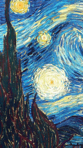 Vincent Van Gogh artwork showing swirling night sky and cypress trees in vibrant blue tones