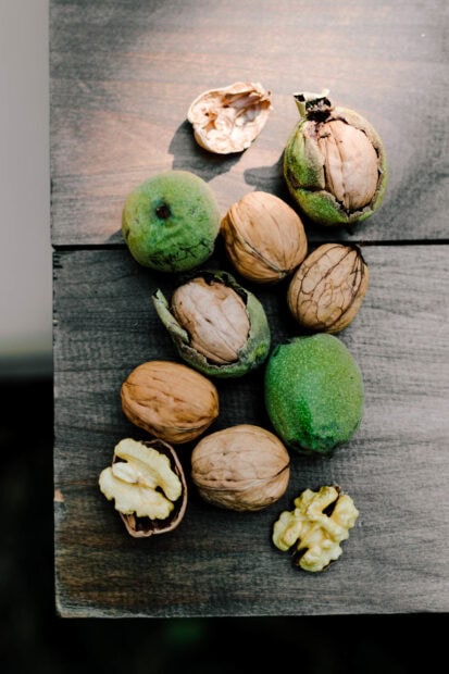 Fresh walnuts with green husks and shelled nuts on a wooden surface