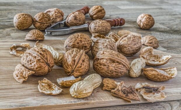 Whole walnuts and peanuts on a wooden surface with a nutcracker tool