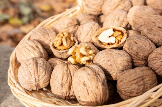 A basket filled with fresh walnuts and walnut kernels in natural light