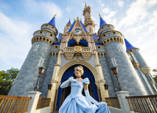 Cinderella posing in front of the Walt Disney World Resort castle at sunset
