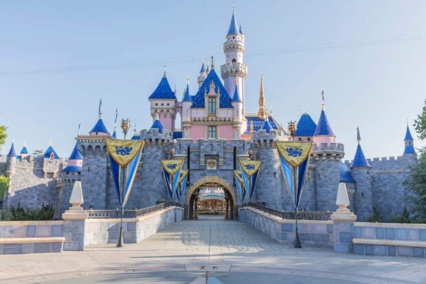 The iconic Walt Disney World Resort castle with blue and gold flags in front of a clear sky