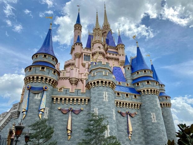 The iconic Walt Disney World Resort castle with blue spires under a cloudy sky