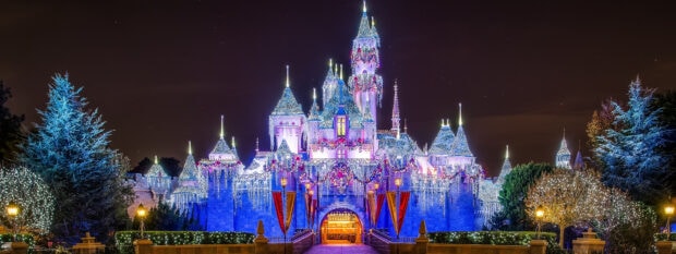 The Walt Disney World Resort castle decorated with sparkling lights and holiday wreaths at night