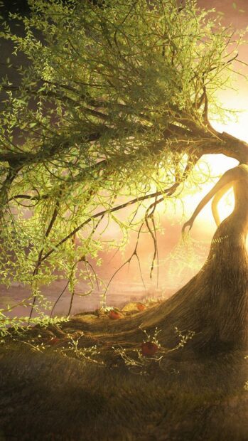 Artistic willow tree figure with glowing branches in a serene glowing landscape