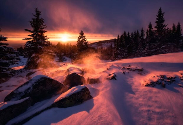 Winter sunset over snowy mountains with pine trees and glowing orange sky