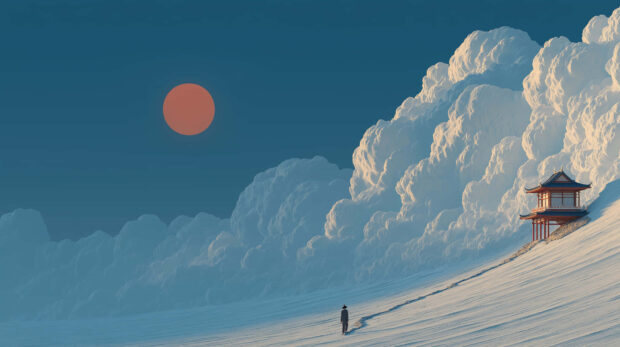 A winter scene with a person walking on snow towards a traditional building under a large red sun