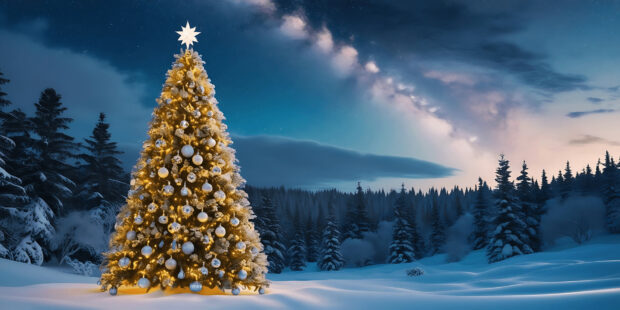 Snowy forest with a decorated Christmas tree glowing warmly in a winter wonderland scene