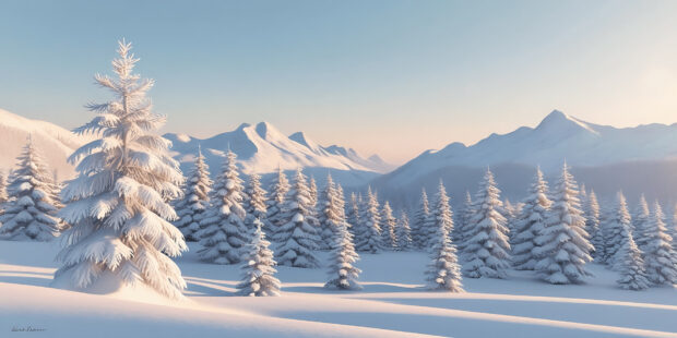 Snow covered trees and mountains create a stunning winter wonderland scene
