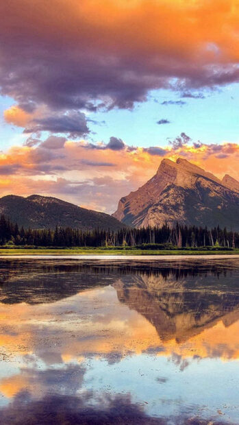 Mountain landscape with summer sky and forest reflected in water
