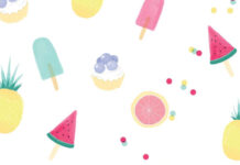 Cute summer pattern with pineapples watermelon popsicles and cupcakes on white background