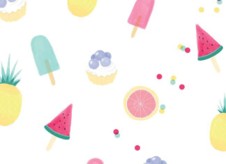 Cute summer pattern with pineapples watermelon popsicles and cupcakes on white background