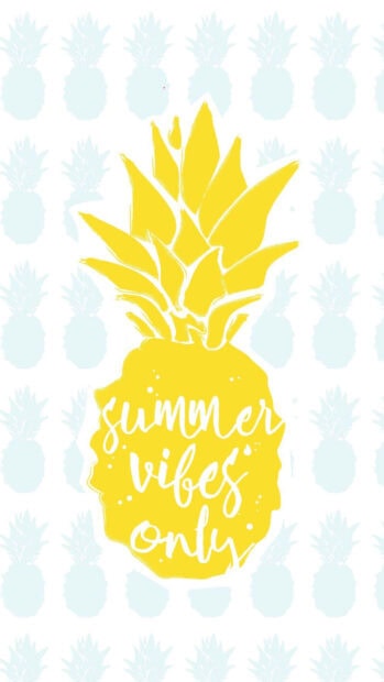 Yellow pineapple with summer vibes text on a light blue pattern background