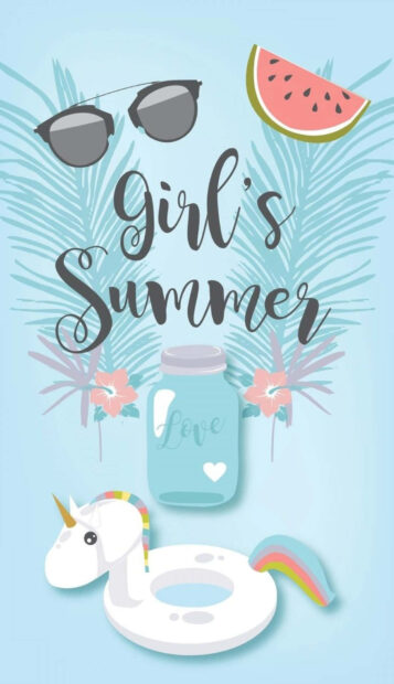 Cute summer design with a unicorn float sunglasses watermelon and love jar on blue background