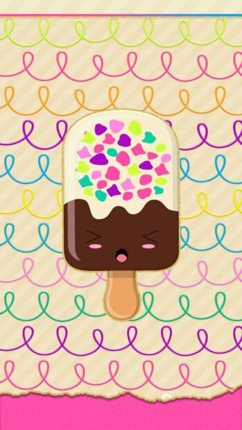 Cute summer ice cream with colorful sprinkles and a happy face on a swirly background