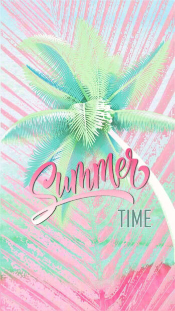 Tropical palm leaves art with summer text in pastel colors