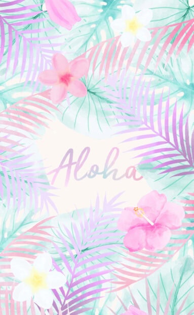 Tropical summer with pink and white flowers and aloha text in pastel colors