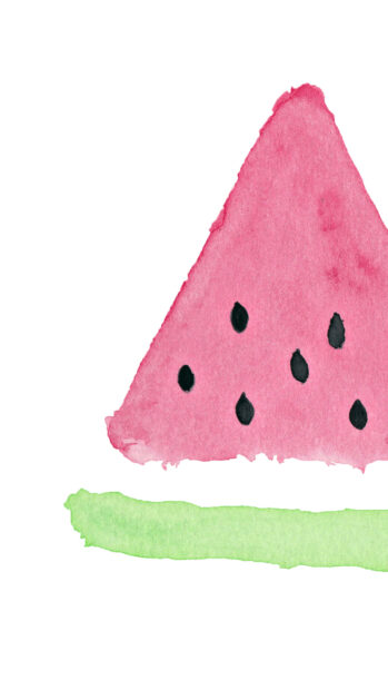 Watercolor illustration of a watermelon slice with black seeds and green rind