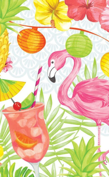 A colorful flamingo and tropical summer cocktail among leaves and lanterns