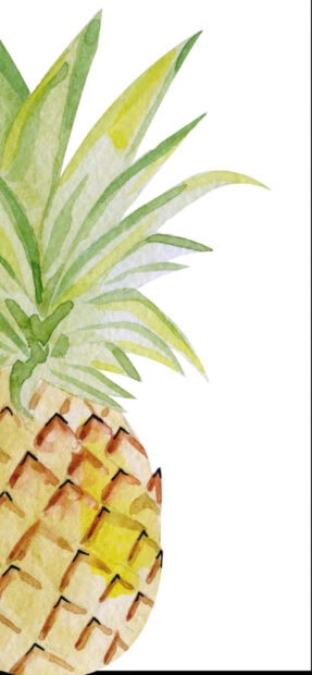 A watercolor painting of a pineapple with green leaves on a white background