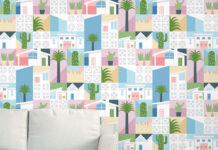 Abstract geometric shapes and cacti pattern inspired by Palm Springs architecture and nature