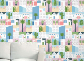 Abstract geometric shapes and cacti pattern inspired by Palm Springs architecture and nature
