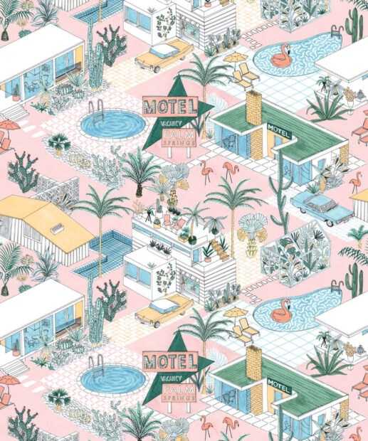 Illustration of Palm Springs with motels and pools in a pastel color scheme