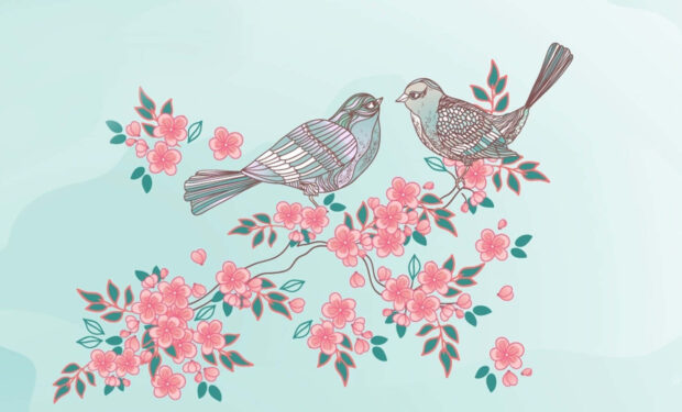 Two birds perched on pink flowers in pastel summer design