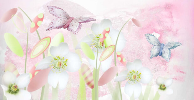 Delicate pastel summer with white flowers and butterflies in soft colors