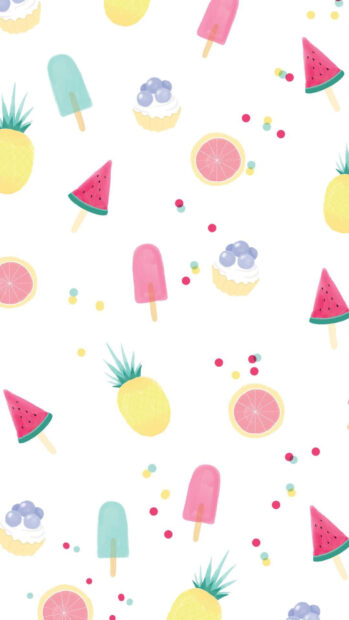 Pastel fruits and popsicles pattern with pineapple watermelon and cupcakes