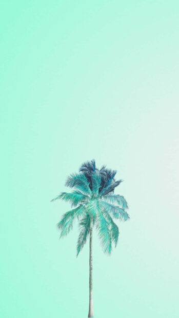 A tall palm tree with pastel colors standing against a soft turquoise sky