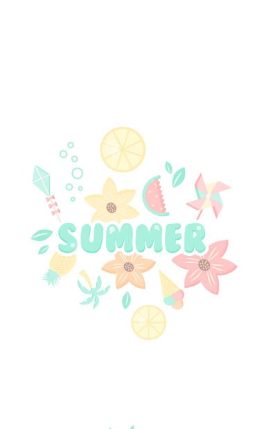 Pastel summer text surrounded by fruits flowers and summer icons in soft colors