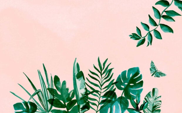 Green tropical leaves and a butterfly on pastel summer foliage